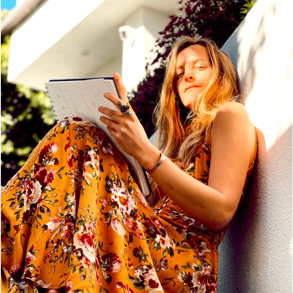 Size S/M Beautiful Orange Floral Maxi Dress with Sharp V Cut and Open Back